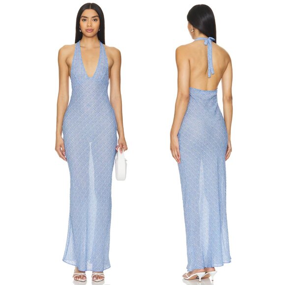 LIONESS Carrie Halter Maxi Dress in Light Blue Check Sheer - Picture 1 of 3